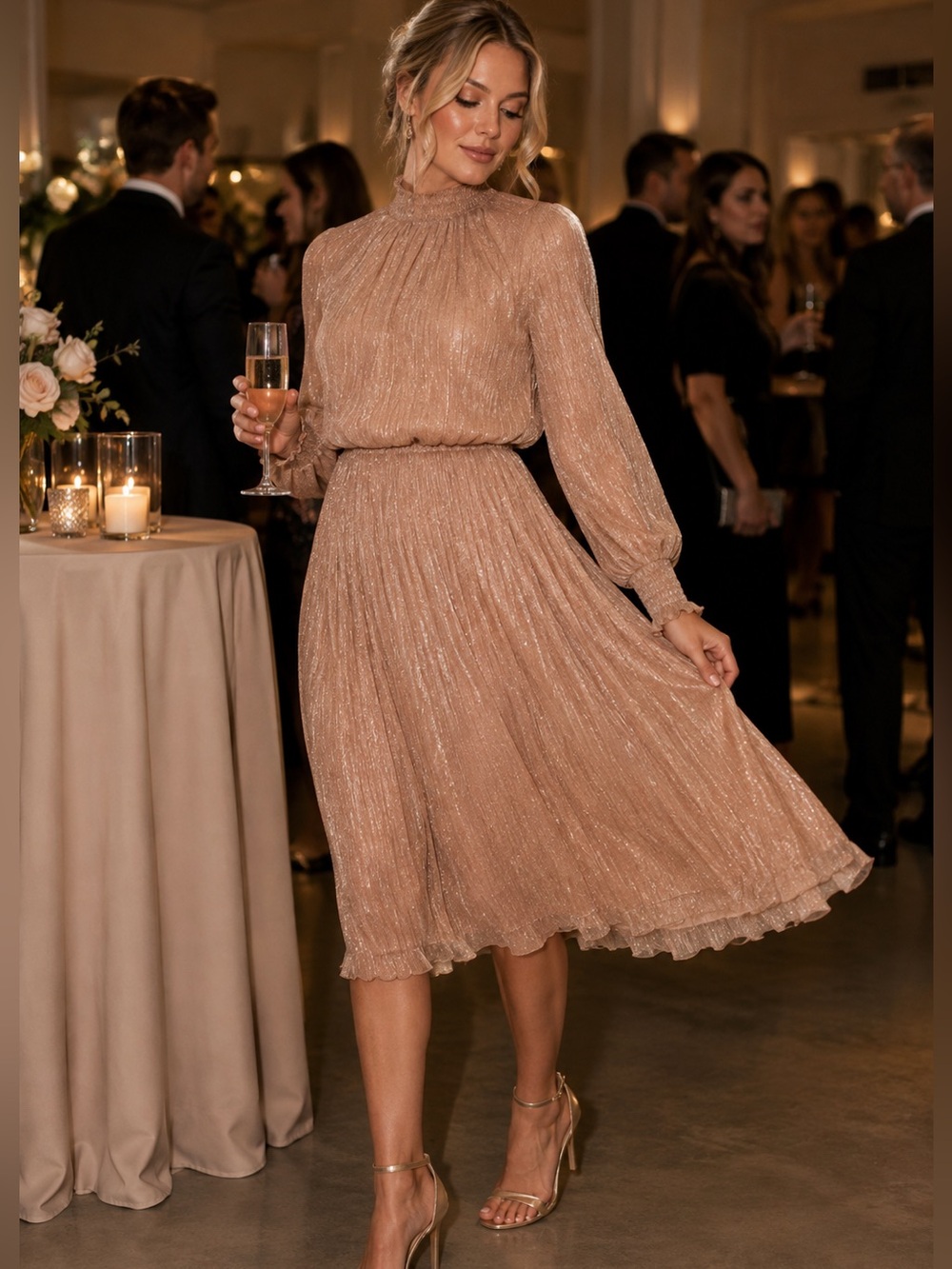 ELOQUII Rose Gold Metallic Plissé Shimmer Midi Autumn Wedding Guest Dress SZ 22